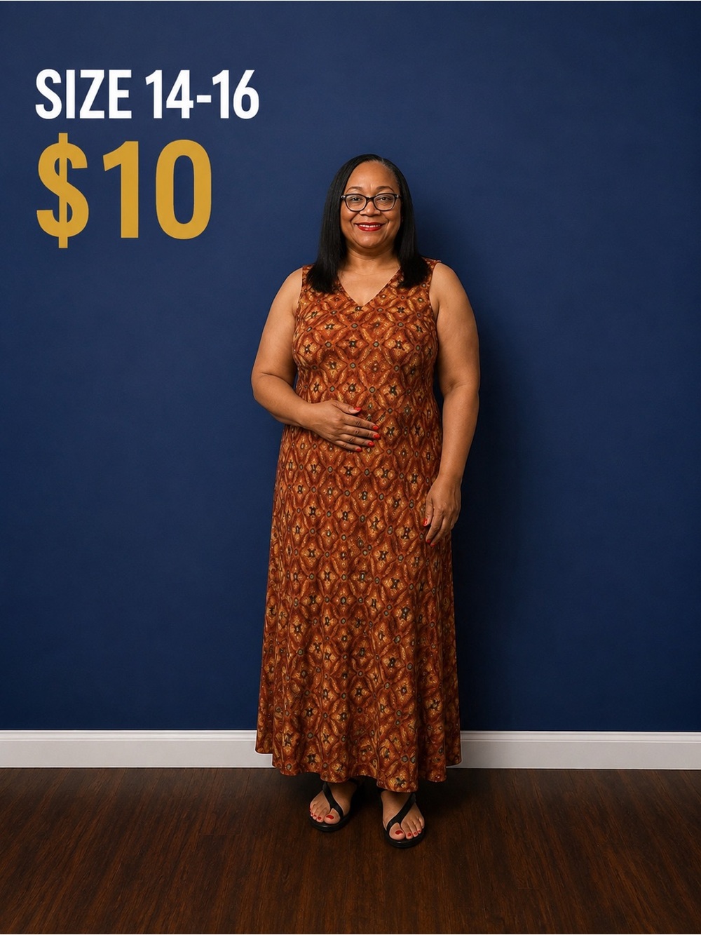 Womens Sleeveless V‑Neck Maxi Dress in Rust Pattern